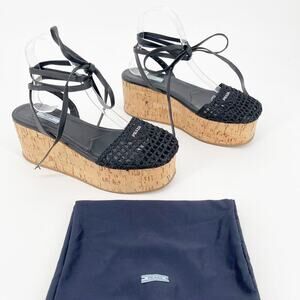 Prada Black Raffia Crochet Logo Wedge Leather Lace Up Ankle Tie Sandal IT 41